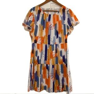 THML abstract print dress. Short sleeve, dropped waist, knee length. Size M
